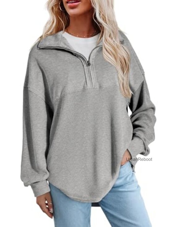 Tops - Oversized Half Zip Pullover Sweatshirt Loose Fit Long Sleeve